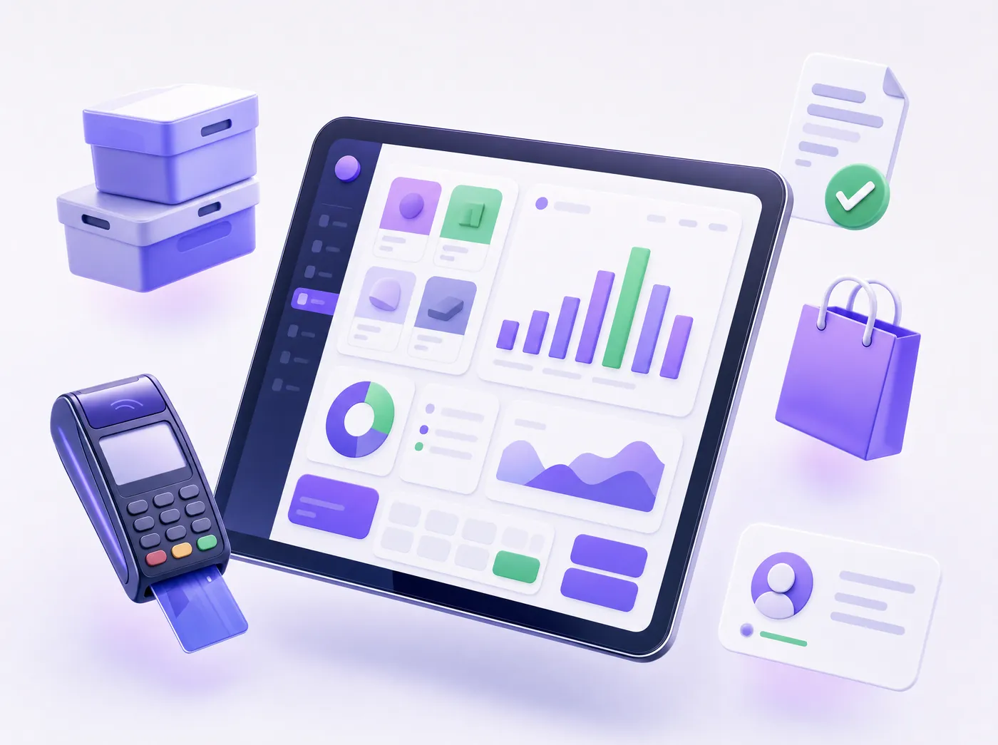 Norvu en una tablet de mostrador con sus módulos flotando alrededor: datáfono, cajas de inventario, bolsa de compras, un documento con visto bueno y una ficha de cliente.