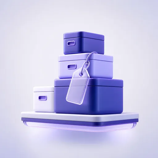 Emblema 3D de inventario: cajas apiladas con una etiqueta de precio.