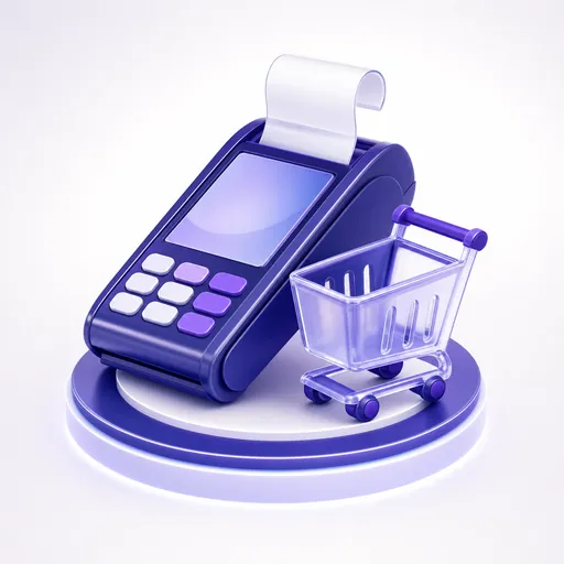 Emblema 3D de la caja para cobrar: datáfono con tirilla y un carrito.