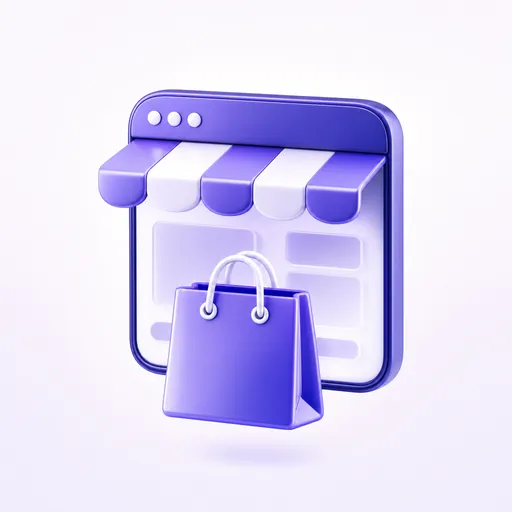 Emblema 3D de la tienda en internet: bolsa de compras y carrito.
